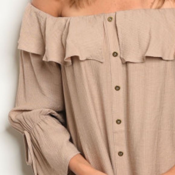 LAST 1! OFF SHOULDER/ BELL SLEEVE TAN SHIRT DRESS - Picture 4 of 5